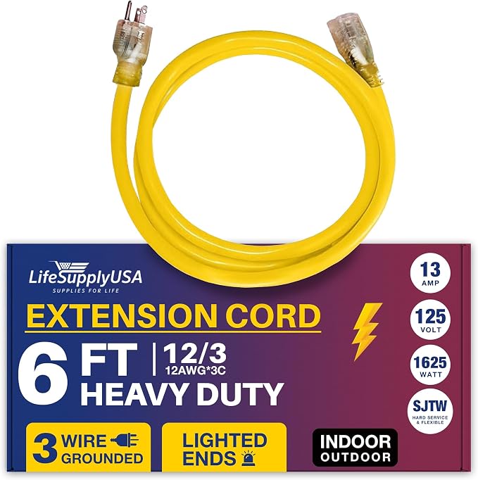 6ft Outdoor/Indoor Extension Cord 12/3 Gauge Extra Heavy Duty 3 Prong SJTW by LifeSupplyUSA