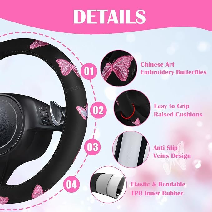 CAR PASS Embroidery Butterfly Steering Wheel Cover and Waterproof Car Floor Mats - Image 6