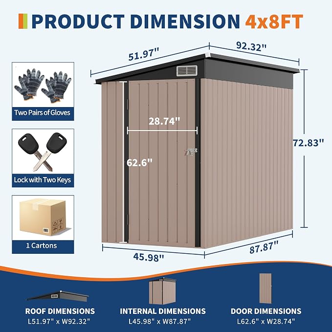 4x8 FT Metal Outdoor Lean to Storage Shed, Lean to Garden Shed Utility Tool Shed - Image 2