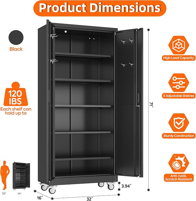 Garage Storage Cabinet with Wheels Pegboard and 5 Adjustable Shelves, Tool - Image 3