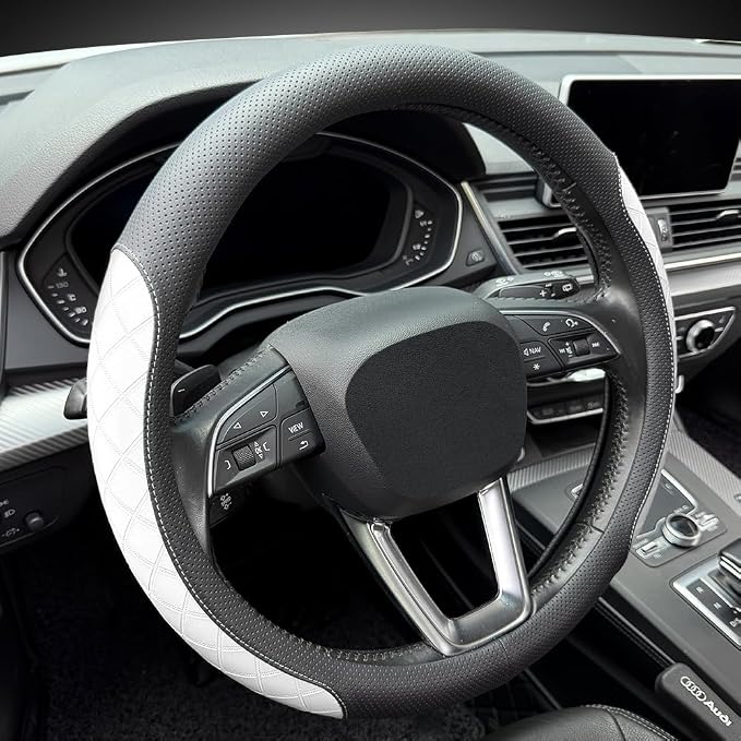LKWLIKEI Nappa Leather Steering Wheel Cover, Elegant Diamond Checkered Design - Image 6
