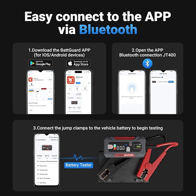 JT400 Jump Starter and Battery Tester, 2500A 12V Car Jumper Starter Portable - Image 9