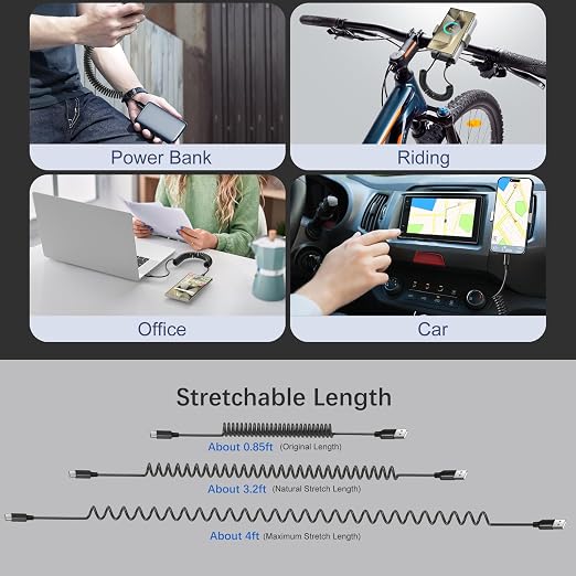 Coiled USB C Cable for Carplay 3ft, Retractable USB A to USB Type C Fast - Image 5