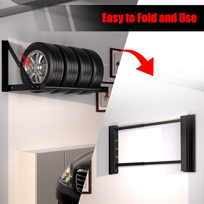 Wall Mount Folding Tire Rack, 32 to 48 Inches Wide Adjustable Tire Storage Rack - Image 3