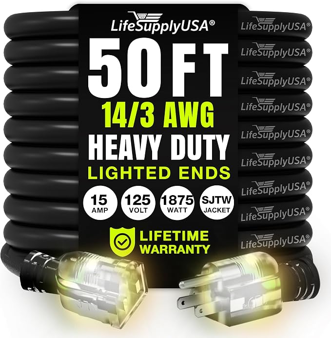 50ft Outdoor/Indoor Extension Cord 14/3 Gauge Heavy Duty 3 Prong SJTW, by LifeSupplyUSA