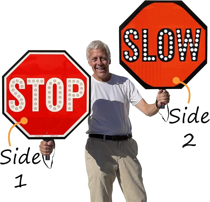 SmartSign 24" LED Stop/Slow Paddle, Rechargeable Battery & Charger, 2-Sided - Image 3