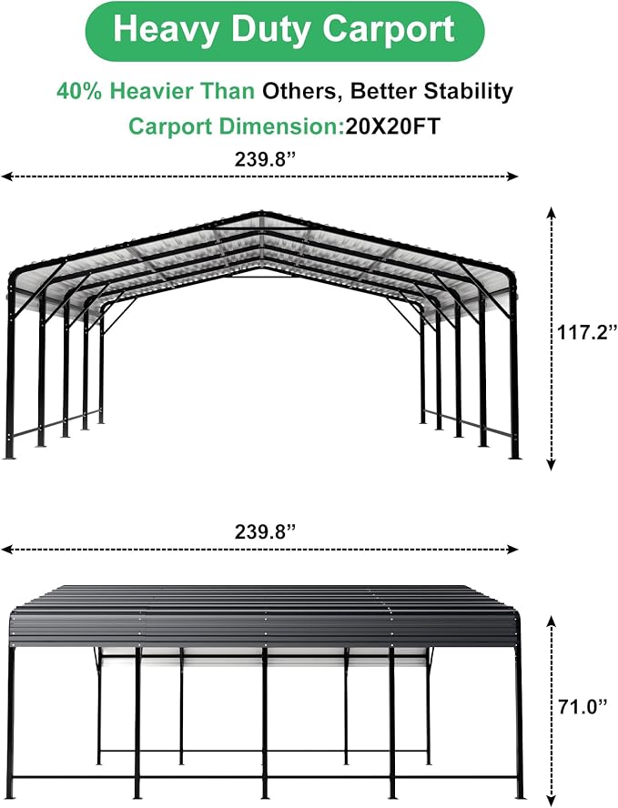 20x20 FT Metal Carport with Heavy Duty Carport Canopy, Car Port with Reinforced - Image 5