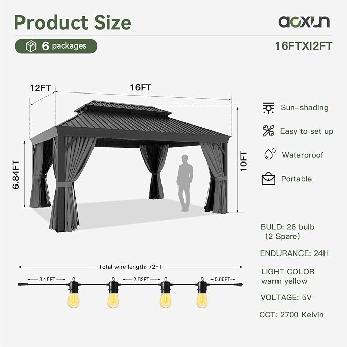Aoxun 12' X 16' Permanent Hardtop Gazebo Aluminum Gazebo - Image 7