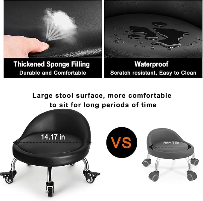 Rolling Stool with Backrest Low Height Rolling Stool with PU Leather, Roller - Image 7