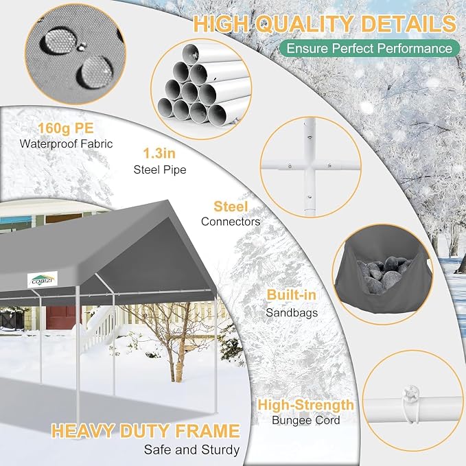 COBIZI Carport 12x20ft Heavy Duty Portable Garage, 2.0 Powder Coated Frame - Image 3