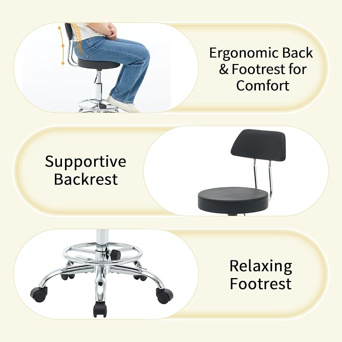 Rolling Stool with Back, Adjustable Height Foot Rest Rolling Salon Chair - Image 5