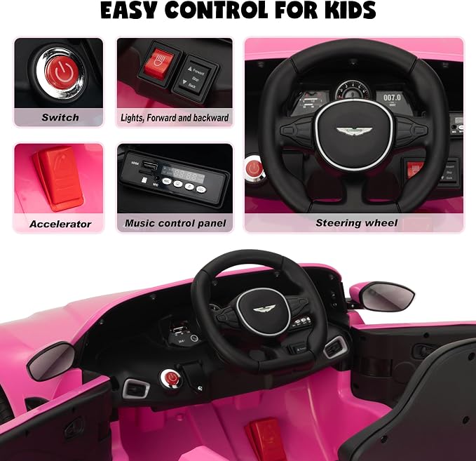 Ride on Car with Remote Control, 12V Licensed Aston Martin Electric Car - Image 4