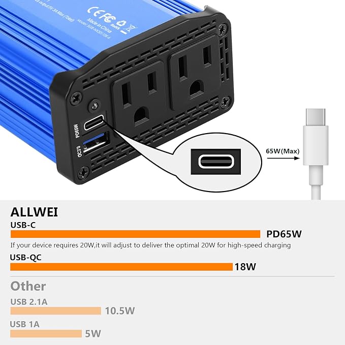 ALLWEI 300W Car Power Inverter DC 12V to 110V AC Power inverters - Image 3