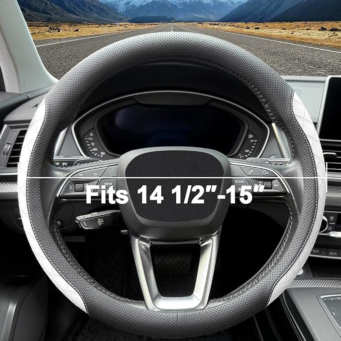 LKWLIKEI Nappa Leather Steering Wheel Cover, Elegant Diamond Checkered Design - Image 4