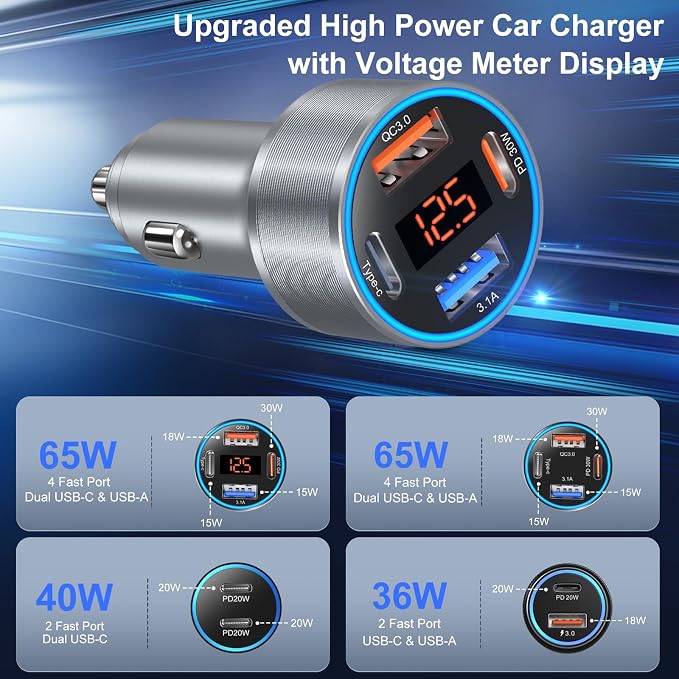 Car Charger USB C, 65W Dual 12V Cigarette Lighter USB Car Adapter - Image 3