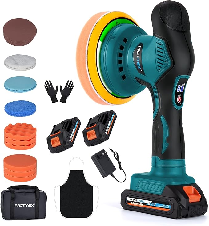 Cordless Car Buffer Polisher w/ 2x2000mAh 21V Batteries, 6 Inch Car buffer by Protmex
