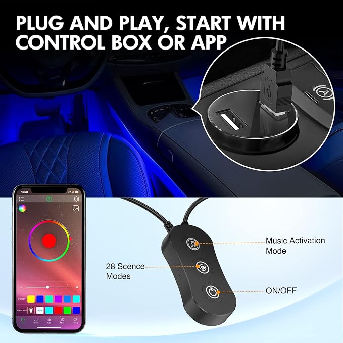 Nilight 4PCS USB Interior Car Lights 48 LEDs RGB LED Strips Lights - Image 6