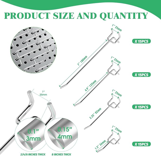 60Pcs 2" 4" 6" 8" Pegboard Hooks Assortment Set, Metal Peg Board Hooks - Image 2