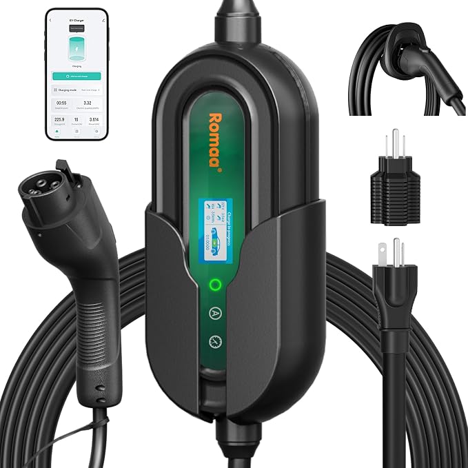Level 1&2 Portable EV Charger, Adjustable 8-16A 110V-240V, Dual Plugs: NEMA by Romaa