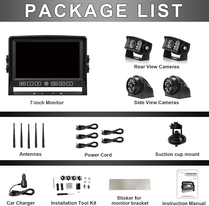 Fookoo HD 7" Wireless Backup Camera System, 1080P 7" Quad Split Screen Monitor - Image 8