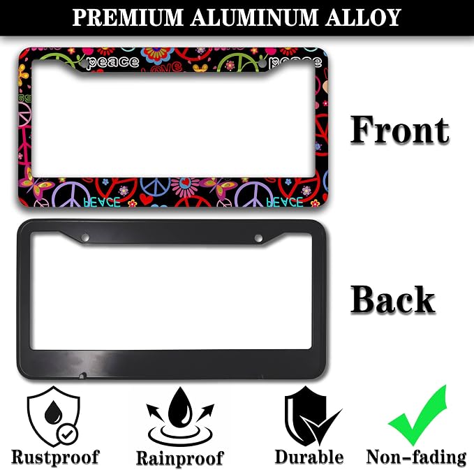 Car License Plate Frame Multicolor License Plate Frames Hippies Peace Flower - Image 3