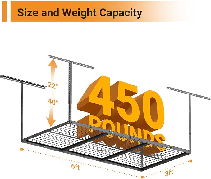 3x6ft Overhead Garage Storage Rack, Heavy Duty Metal Ceiling Shelf, 450lbs - Image 2