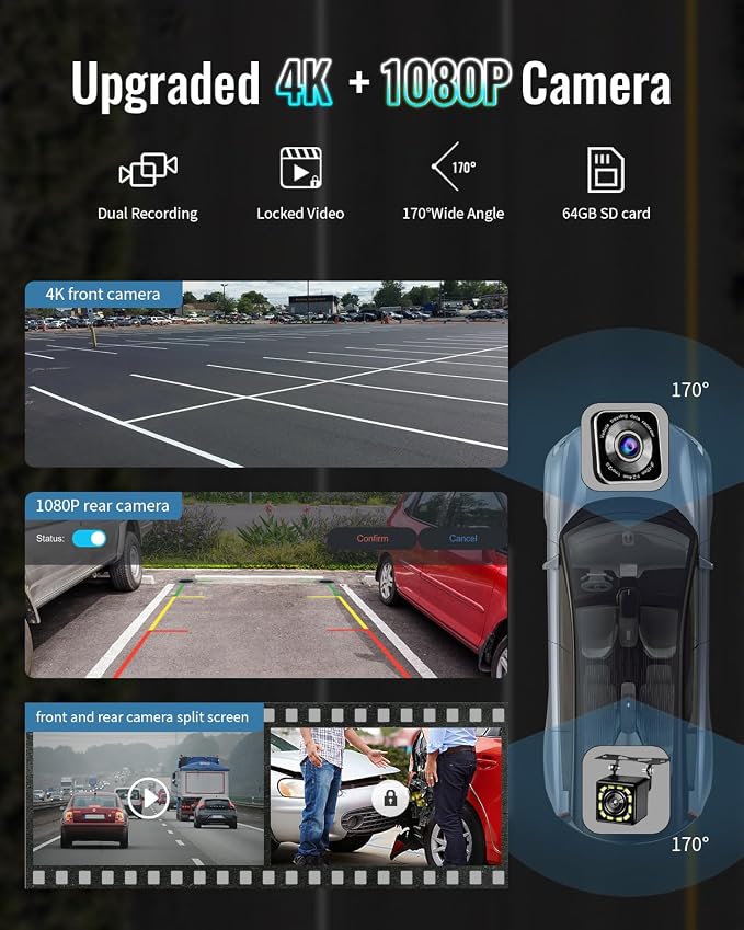 Portable Apple Carplay Screen for Car, 4K Dash Cam, 1080p Backup Camera DVR - Image 3