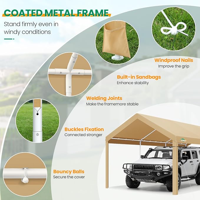 COBIZI Carport Canopy 12x20 Heavy Duty Car Tent Garage, Galvanized Frame Car - Image 4