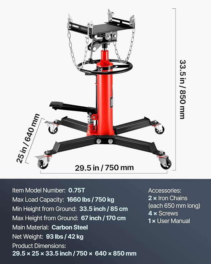 VEVOR Transmission Jack, 0.75 Ton/1660 lbs Capacity Hydraulic Telescopic - Image 7