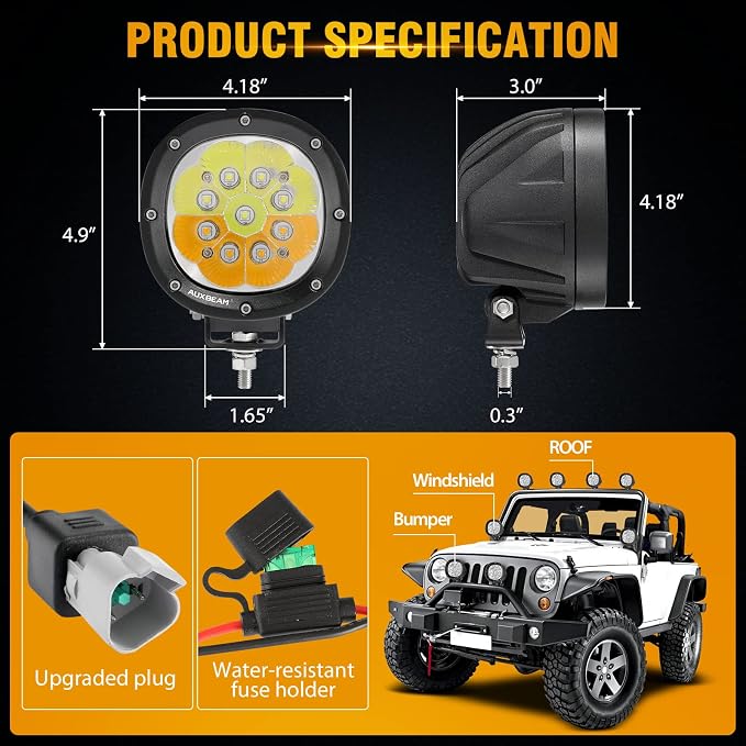 Auxbeam 4 Inch Round Offroad Light, 90W LED Amber White Spot Strobe Light Pods - Image 3