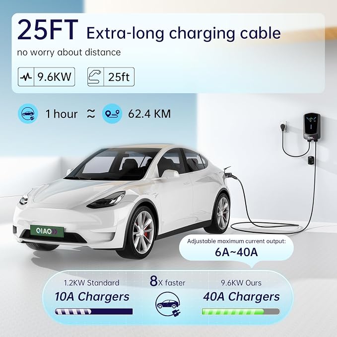 QIAO Level 2 EV Charger, Wi-Fi Bluetooth APP Enabled EVSE, 4.3in Display - Image 2