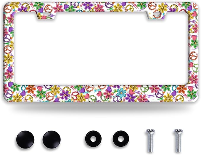 Peace Flower License Plate Frame Funny Colorful Floral License Plate Frames by BRAGHRTED