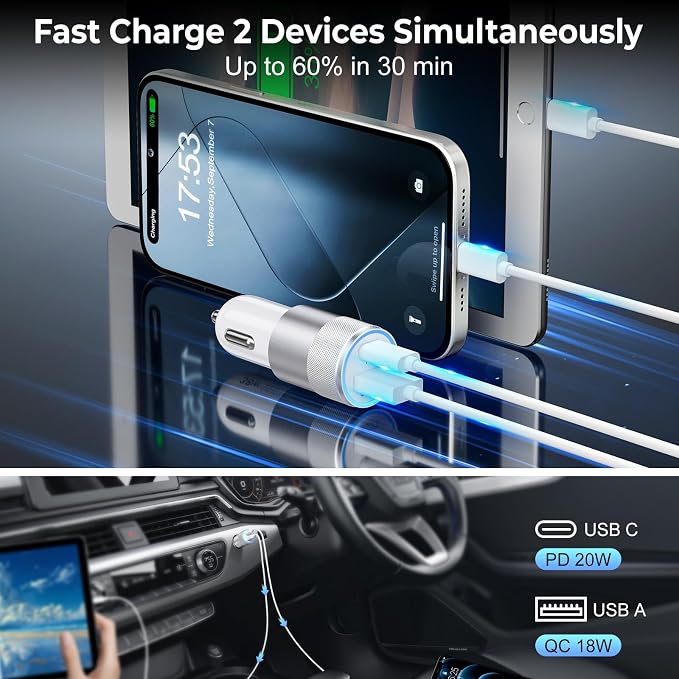 3-Pack Car Charger, Ancekoy 38W Dual Port Fast Charge PD & QC 3.0 Car Adapter - Image 4
