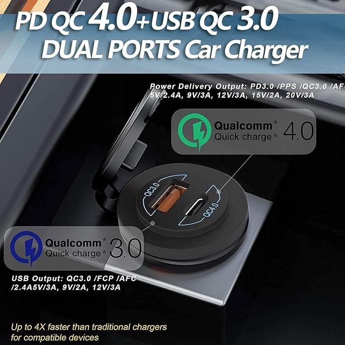 2 Pack 12V USB Outlet - 90W Dual Ports QC4.0 PD & Quick Charge3.0 Car Charger - Image 2