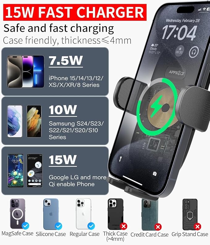 APPS2Car 15W Wireless Car Charger Phone Holder, 3-in-1 Fast Charging, Compatible - Image 2