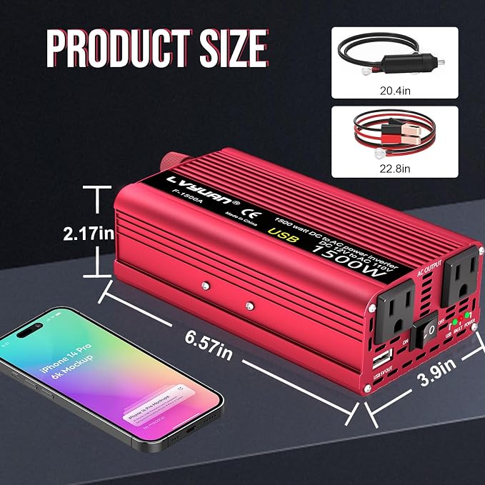 Power Inverter 700W/1500W Dual AC Outlets and USB Charging Port DC 12V to 110V - Image 6
