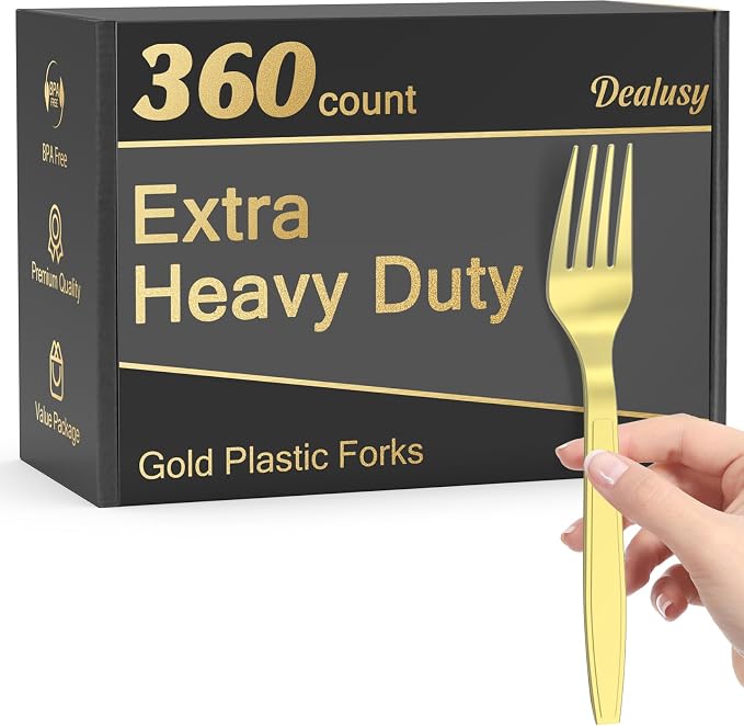 360 Count Extra Heavy Duty Gold Plastic Forks Disposable, Heat Resistant by Dealusy