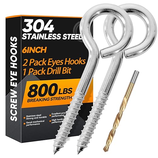 2Pcs 6 Inch Heavy Duty Screw Eyes Hooks, 304 Stainless Steel Self Tapping by YAIRMIS