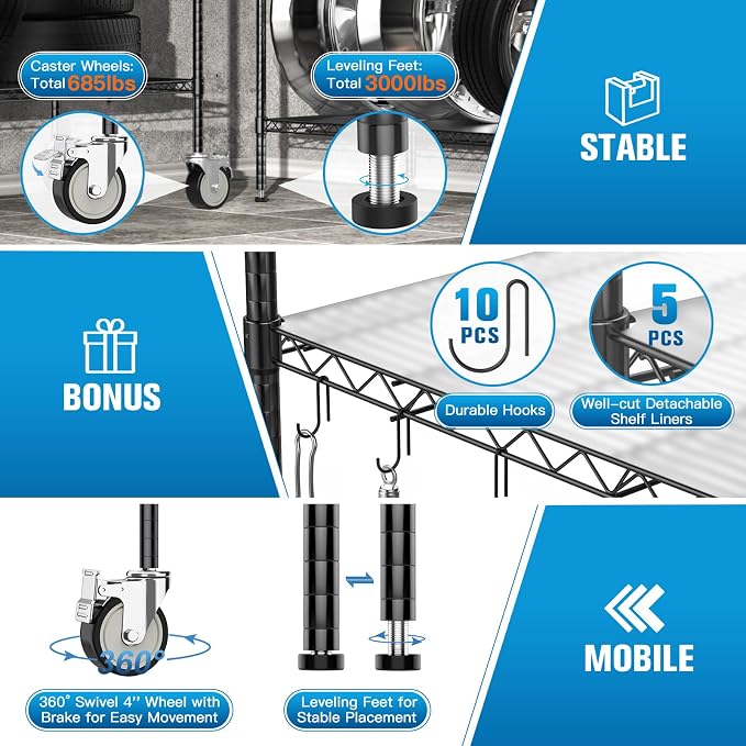 Wire Shelving with Wheels, 3000 Lbs Storage Shelves Heavy Duty, - Image 5
