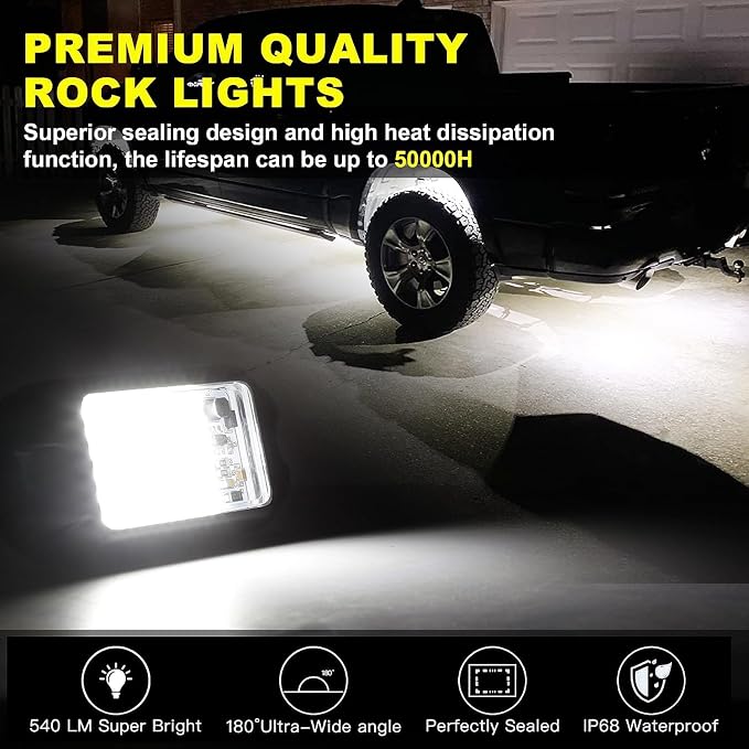 Nicoko 8 Pods 6000K pure White Rock lights Aluminum 9-30V Underglow Lights IP68 - Image 2