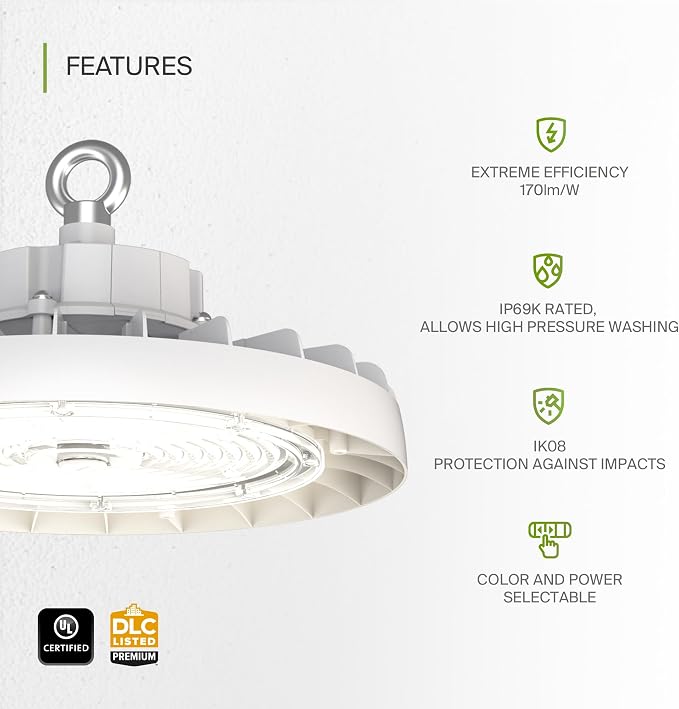 ASD LED High Bay UFO Light Fixture, Commercial Shop Lighting | 3CCT, IP69K - Image 3