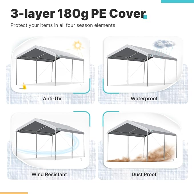 ADVANCE OUTDOOR Adjustable 10x15 ft Heavy Duty Carport Car Canopy Garage Boat - Image 4