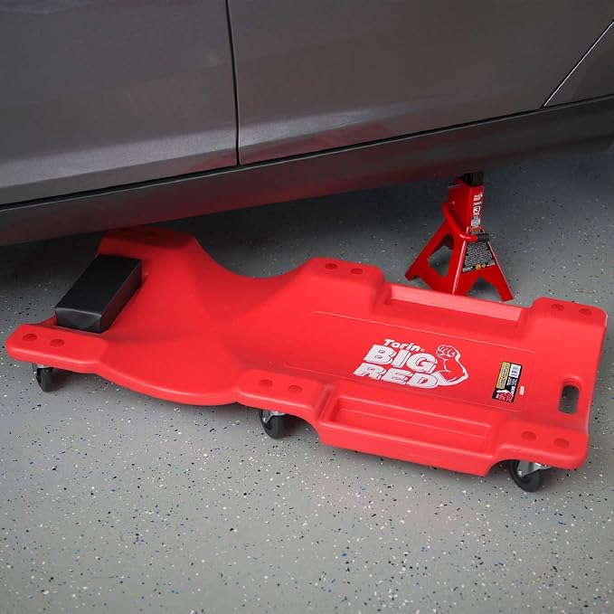 Big RED Plastic Rolling Garage/Shop Creeper: Dual Tool Trays and 6 Casters - Image 5