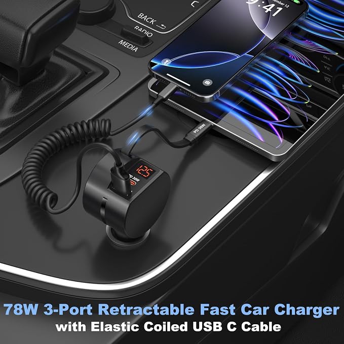 Retractable Car Charger USB C, OKRAY 78W 3-Port 12v Cigarette Lighter Adapter - Image 2