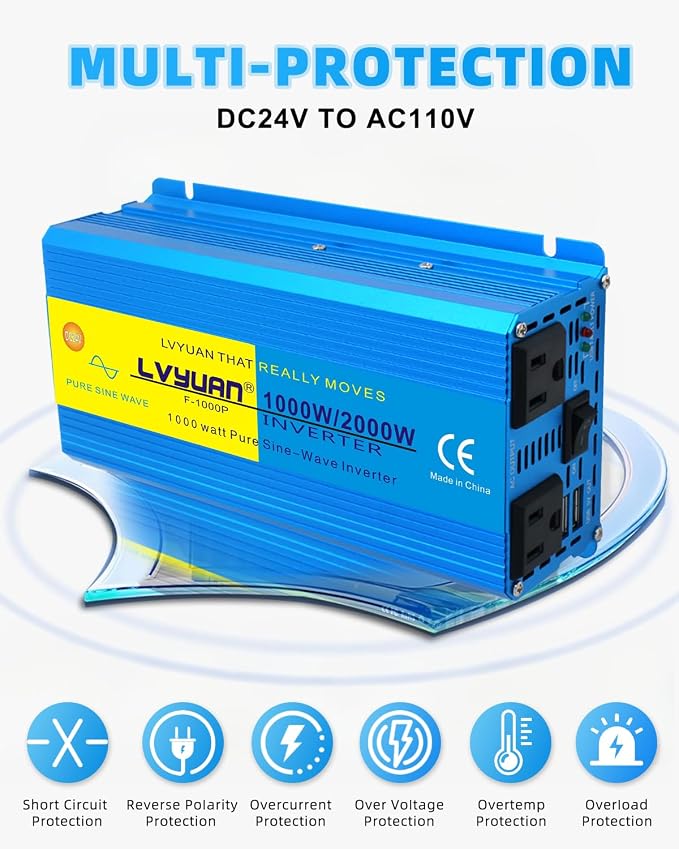 LVYUAN 1000 Watt Pure Sine Wave Inverter 24V to 110V / 120V DC to AC - Image 3