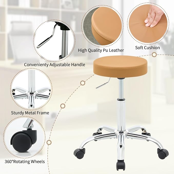 Rolling Massage Chair, Adjustable Hair Cutting Stool 19.5’’-26.6’’, Camel Brown - Image 4