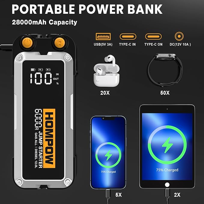 Jump Starter, 6000A Peak Portable 12V Car Battery Charger - Image 5