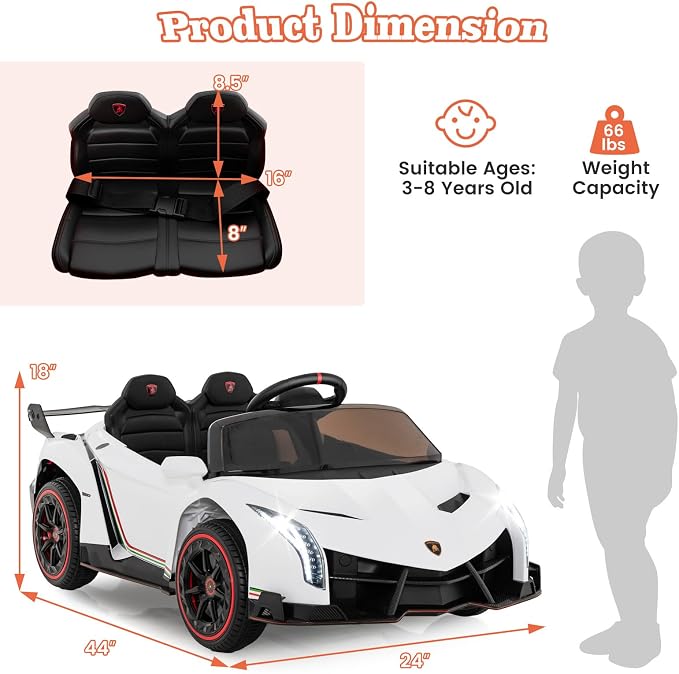 Costzon Ride on Car, Lamborghini Licensed 12V Battery Powered 4WD Sports Car - Image 6