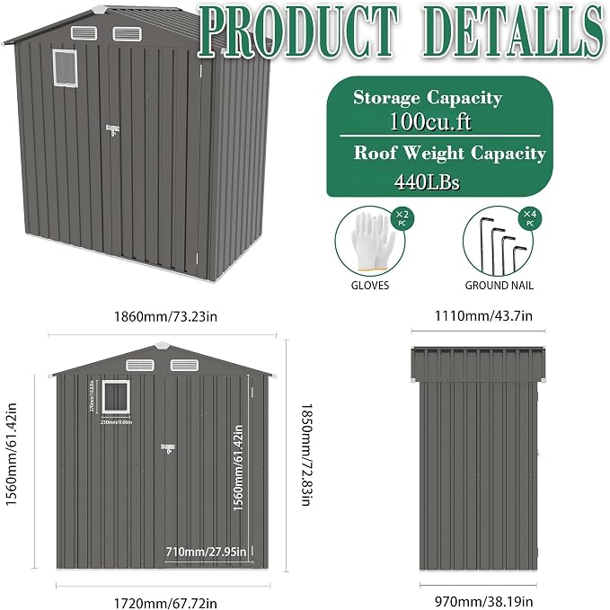 6x3.6FT Outdoor Storage Shed, Galvanized Steel Garden Shed - Image 6