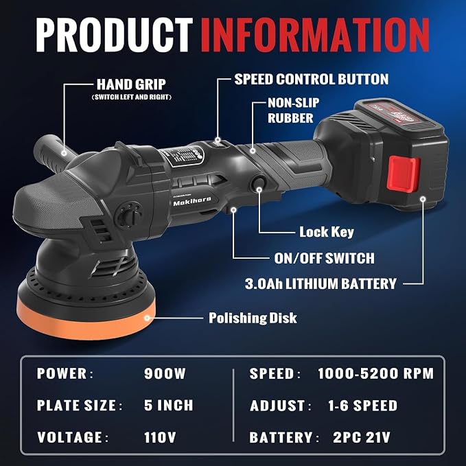 Cordless Buffer Polisher, 5 Inch Random Orbital Car Polisher Waxer, 6 Variable - Image 4